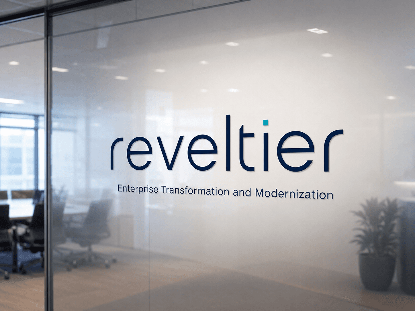 The Reveltier logo and tagline 'Enterprise Transformation and Modernization' displayed on a frosted glass office wall